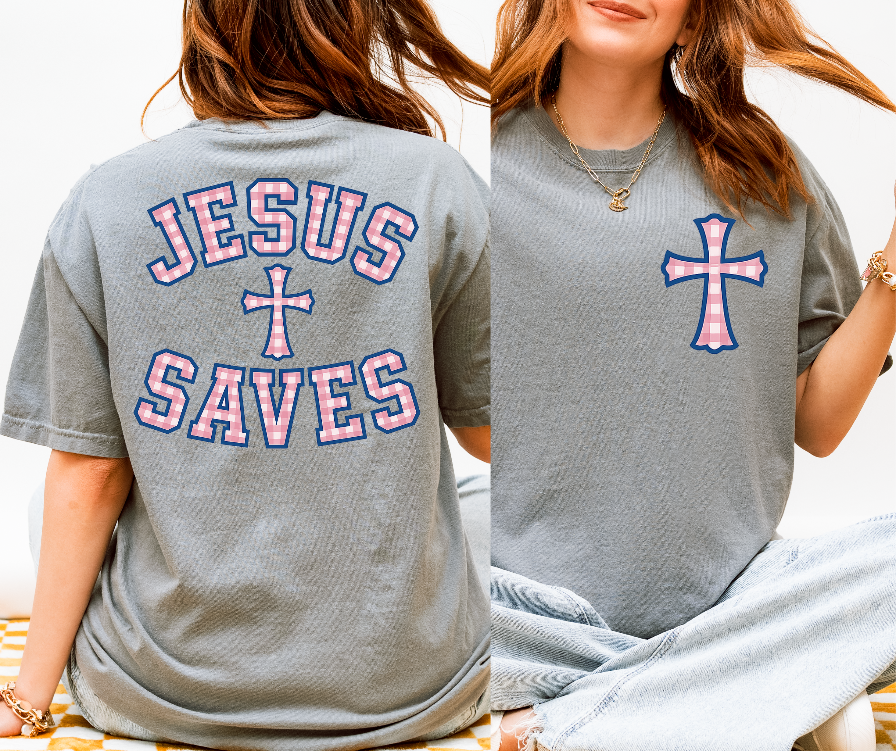 Jesus Saves Pink Prep Gingham Tee