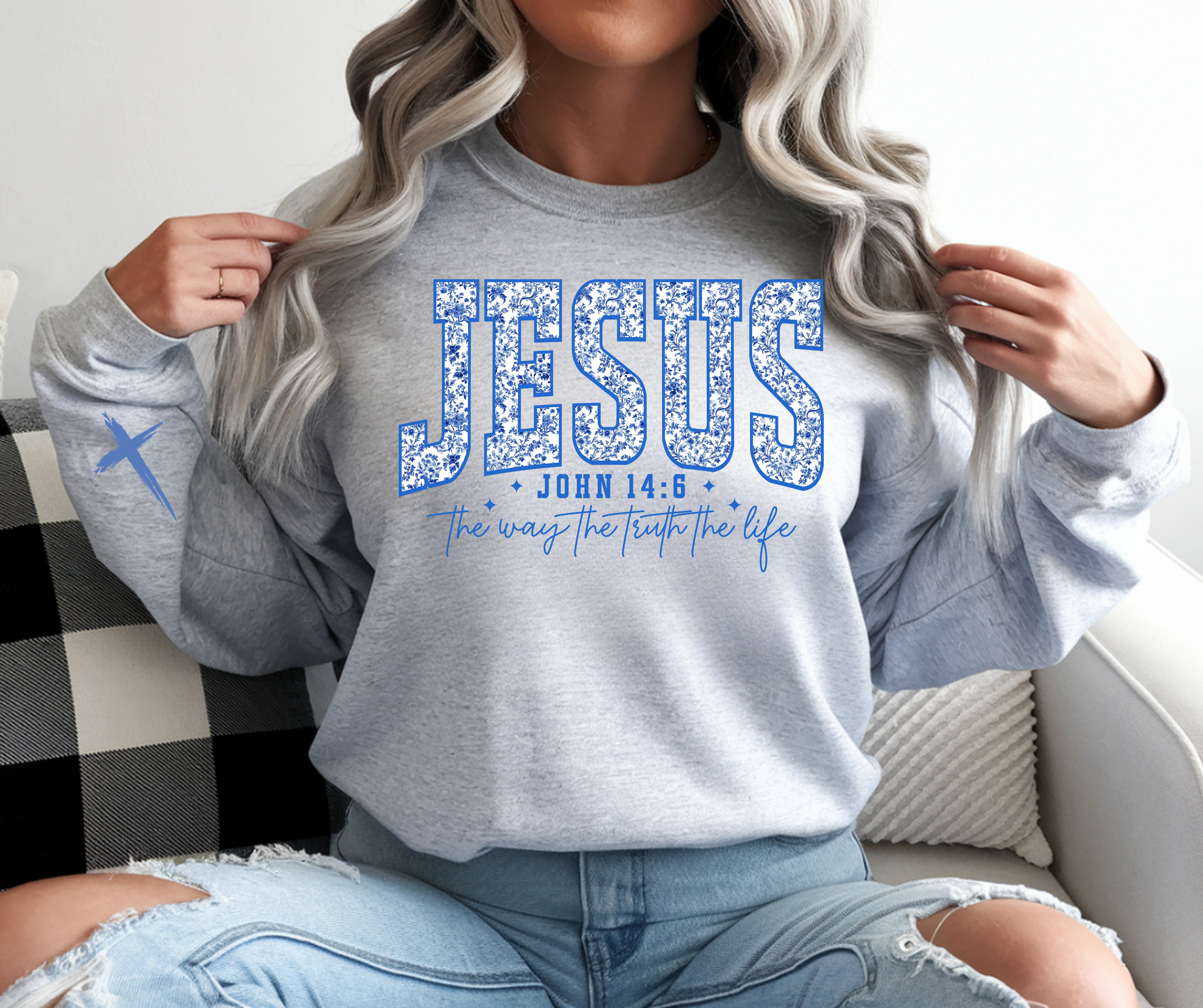 Blue Paisley Jesus Crew Sweatshirt